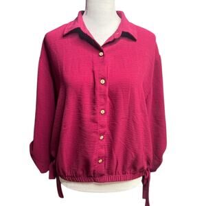 BCX Burgundy Button-Front Roll Tab Sleeve Side Bow Blouse Medium